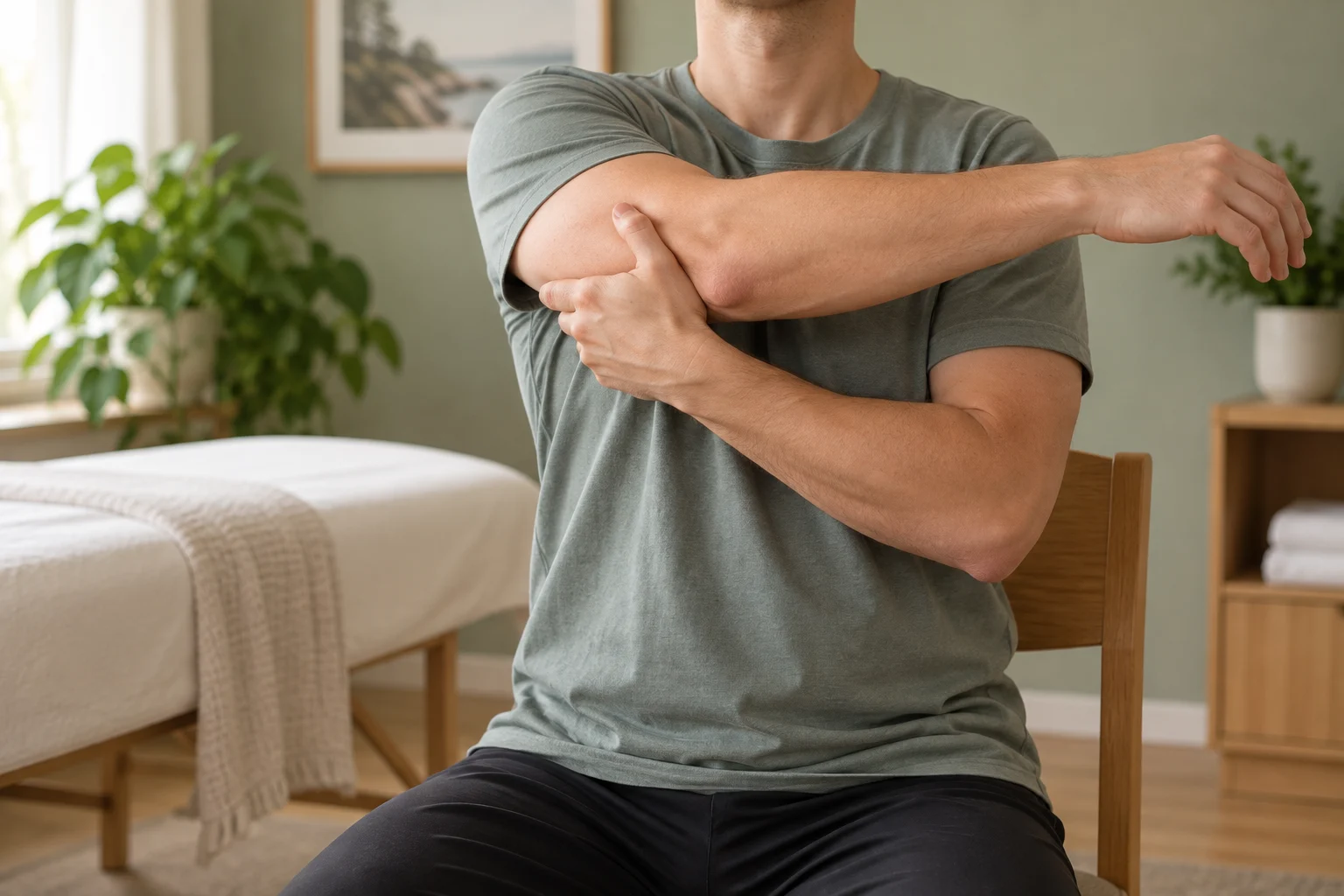 Seated adult demonstrating a shoulder stretch