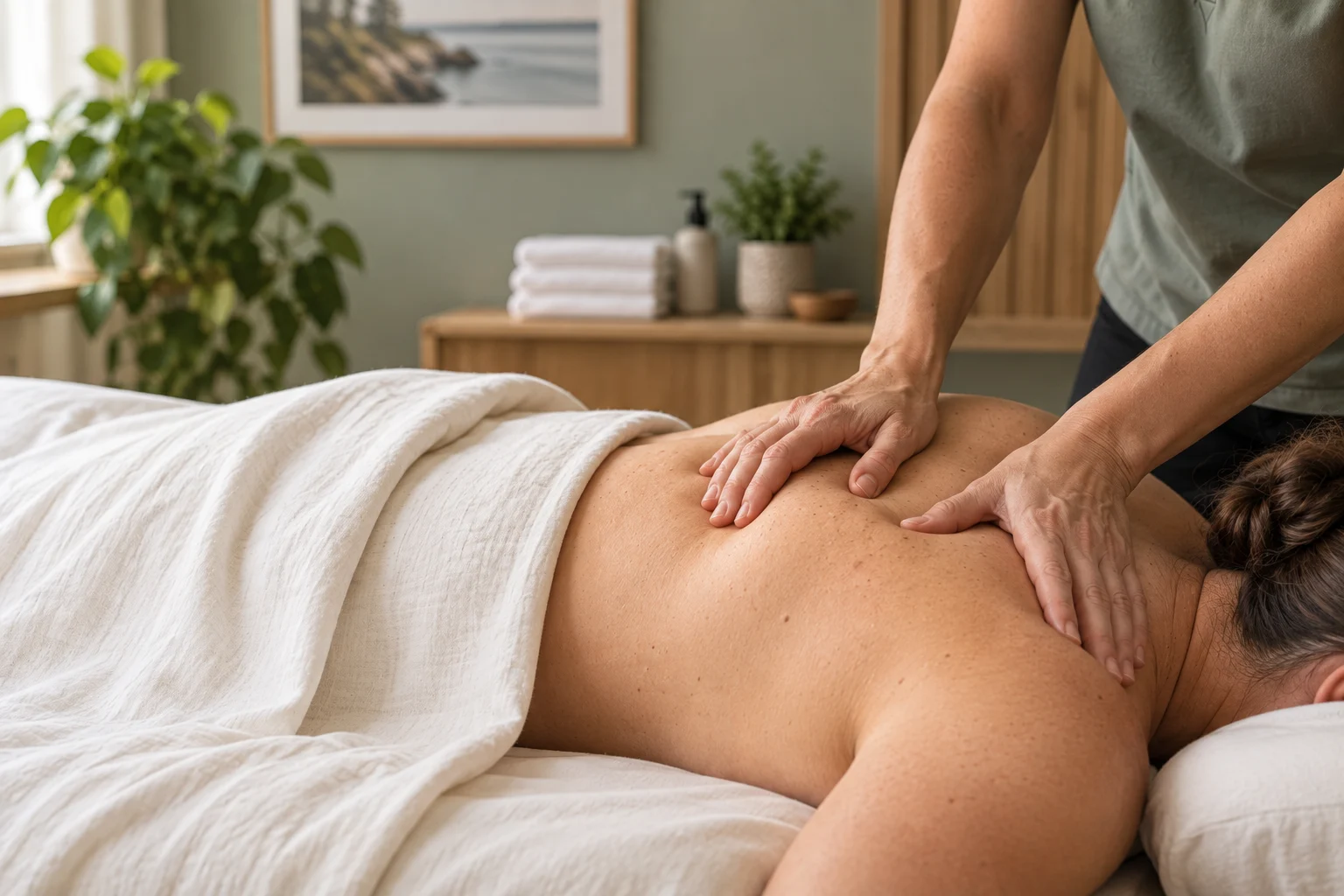 Massage treatment focused on the upper back and shoulder